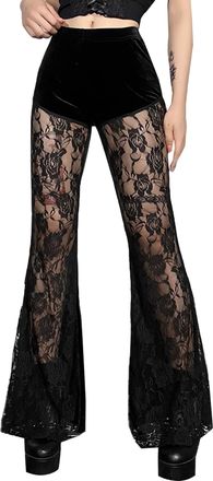 Feoya Goth Velvet Flare Pants Lace Patchwork Black Pants Goth Punk Floral Sheer Mesh Bell Bottom Trousers B2 M