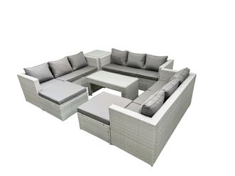 Fimous Rattan Garden Outdoor Furniture Set 11 Seater Garden Sofa Oblong Coffee Table Set with 2 Big Footstools Side Table Light Grey Mixed