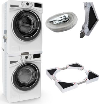 OEM Bastidor De Conexi&oacute;n Universal Para Lavadoras Y Secadoras, Apilable Y Regulable En Altura, Con Estante Y Correa De Fijaci&oacute;n, Estructura Blanca, Longit