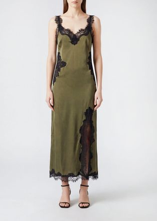 Gold Hawk Midi Slip Dress in Silk with Slit and Lace Inserts