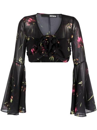 Rotate Blusa a fiori semi trasparente crop - Nero