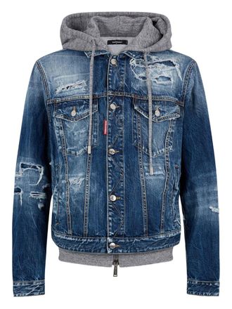 Dsquared2 Distressed Denim Jacket With Grey Hood And Ribbed Cuffs