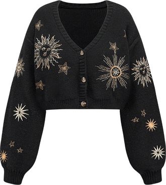 Generic Womens Goth Cardigan Sweater Gothic Moon Star Cardigan Embroidered Crop Sweater Button Down Knit Top Outerwear (Black,S)