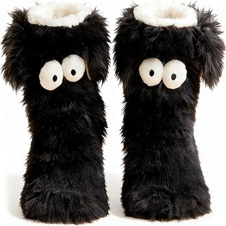 Generic Cozy Socks Fuzzy Warm Slipper Grips-with Cute Big Eyes, inter Home Socks Fluffy Winter Warm Thick Thermal Cozy (Black)