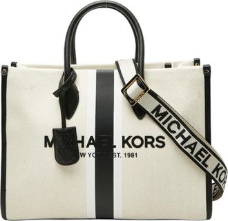 Michael Kors Black White Canvas Leather Shoulder Bag Tote Bag (Pre-Owned)