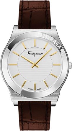 Ferragamo Gancini Swiss Quartz Leather Strap Watch, 42mm in Stainless Steel at Nordstrom Rack