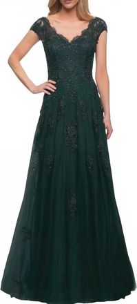 La Femme Womens Short Sleeve Lace Gown In Dark Emerald