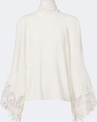 Oscar De La Renta Blusa en georgette en mezcla de seda bordada