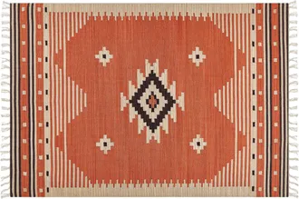 Beliani Alfombra Kilim De Algod&oacute;n Naranja Beige Marr&oacute;n 160 X 230 Cm Geom&eacute;trico Borlas Gavar