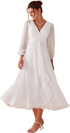 Ever-pretty Women Dress Ruched V Neck Long Lantern Sleeves Lotus Leaf Fall Bridesmaid Wedding Guest Dresses Cream 22UK