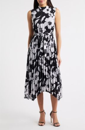 Tahari by ASL Floral Handkerchief Hem Pleated Midi Dress in Black White at Nordstrom, Size 16