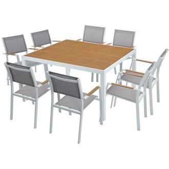 Vente-Unique Sala pranzo giardino Allum.: tavolo quadr. L.140 e 8 poltrone impil. Natur. chiaro Grigio - macila di mylia