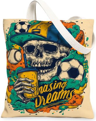 Generic Skull Design Canvas Tote Bags, Chasing Dreams Lightweight Reusable Bags, Sporty Vintage Shoulder Strap Canvas for Gym Trav, Multicolor, 13x15 Inch