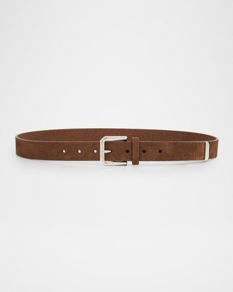 Brunello Cucinelli Men & apos;s Square-Buckle Suede Belt