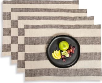 Solino Home Linen Placemats Set of 4, 14 x 19 Inch for Dining Table, Holiday and Everyday Table Decor - Cabana Stripe in Black And Natural at