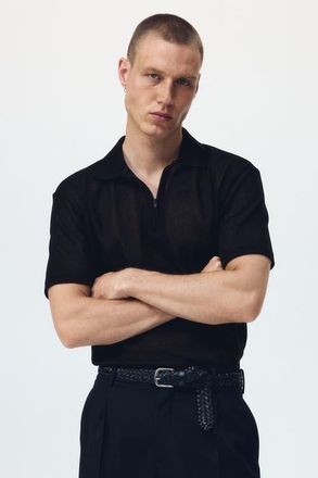 H&M Regular Fit Hole-knit Polo Shirt in Black at Nordstrom, Size Xx-Large