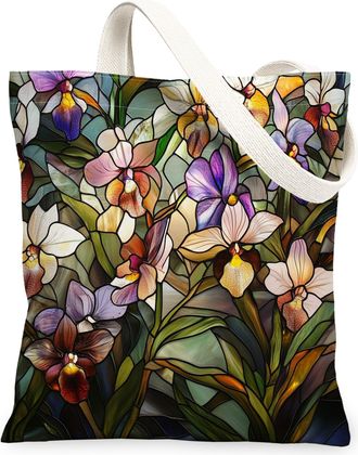 Generic Stained Glass Orchid Flower Canvas Tote Bag for Shopping 13x15, Luxury Floral Reusable Grocery Print Pattern Bag for Women, Garden Cool Beach Aestheti