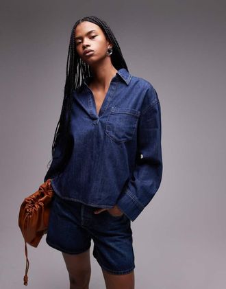 Mango open neck denim overshirt in dark blue
