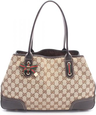 Gucci Beige Brown Canvas Leather Handbag Tote Bag (Pre-Owned)