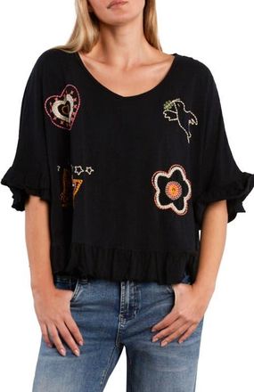 BILLY T Worry Free Embroidered Ruffle Cotton Top in Almost Black at Nordstrom, Size X-Large