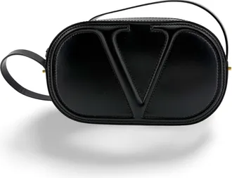 Valentino Garavani V-Logo Signature Oval Leather Shoulder Bag Black
