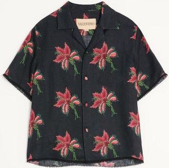 Valentino Valentino Linen Bowling Shirt with Papier Floral Print