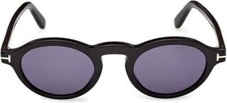 Tom Ford Aristotele 48mm Small Oval Sunglasses in Shiny Black /Blue Lens at Nordstrom