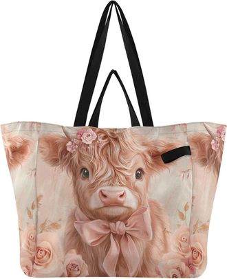 Generic Rose Cow Pink pattern Reusable Canvas Tote Bag, Heavy Duty Grocery Shopping Bag with Hard Bottom Large Capacity Double Handles Work Groceries Travel
