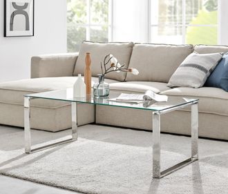 Furniturebox Miami Modern Rectangular Clear Glass Coffee Table with Square Silver Chrome Metal Legs for Minimalist Living Room