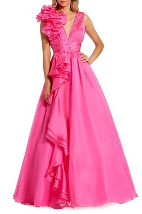 Mac Duggal Petite Ruffle Shoulder V-Neck Chiffon Gown in Hot Pink at Nordstrom, Size 14P