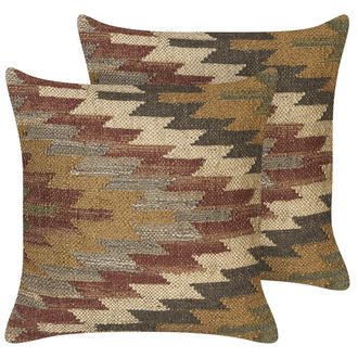 Beliani Beliani - Conjunto De 2 Cojines De Yute Algod&oacute;n Lana Beige Rojo Verde 45 X 45 Cm Deepor