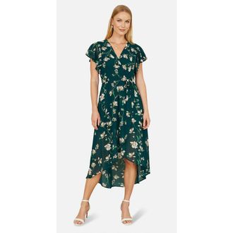 Yumi Floral Frill Hem Wrap Midi Dress in Green at Nordstrom, Size 16