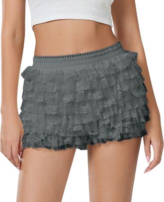 Generic Womens Layered Ruffle Shorts Lolita Y2K Lace Mini Shorts Elastic Waist Pumpkin Pants (UK, Alpha, L, Regular, Regular, Dark Gray)