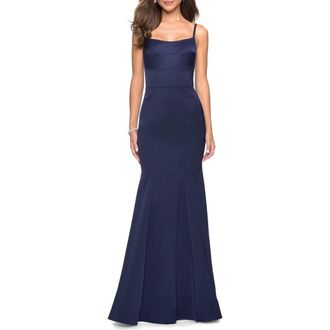 La Femme Fitted Long Dress with Seams and Large Gold Zipper in Navy at Nordstrom, Size 14
