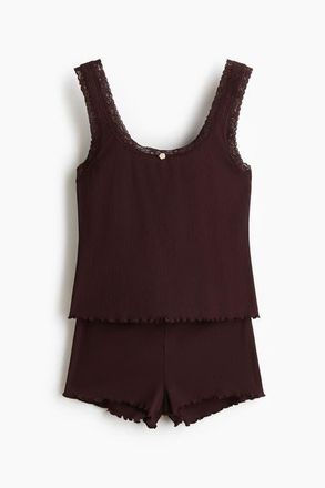 H&M Lace-trimmed Ribbed Pyjamas in Dark Brown at Nordstrom, Size Xx-Small