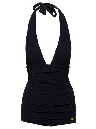 Dolce & Gabbana Black halterneck ruched swimsuit