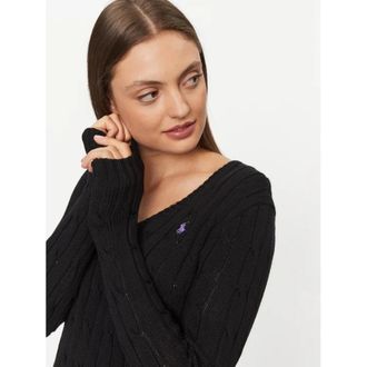 Ralph Lauren Kabelgebreide trui met V-hals - Dames - Ronde hals truien - Zwart - XL - Katoen - Truien & Vesten