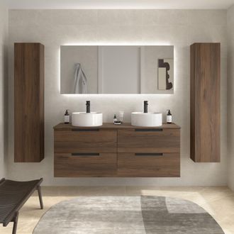 Cygnus Bath Mueble De Ba&ntilde;o Leni 120cm Nogal 4 Cajones Lavabo Sobre Encimera 2 Pozas Porcelana