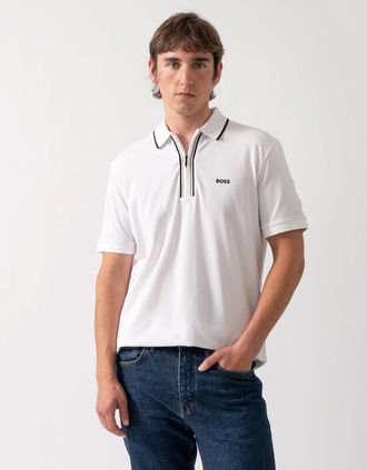 HUGO BOSS Mens BOSS Green Philix Mens Slim Fit Zip Polo Shirt in Moisture-Wicking Stretch Cotton - White 100 - Size: 40