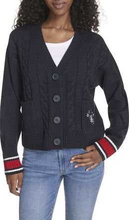 Tommy Hilfiger Womens Boxy Varsity Cable Cardigan Sweater, Sky Captain Multi, XL