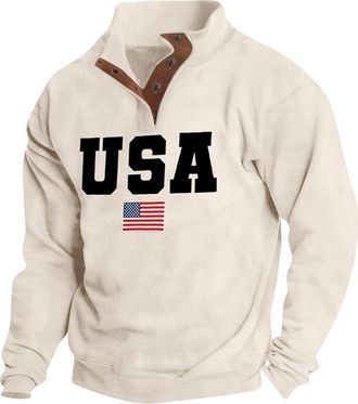 Generic Sweatshirt for Men | Usa Flag Print Pullover Sweatshirt | Male Vintage Hoodless Sweatshirt | Polo Neck Button Sweatshirt Loose Fit Workwear Top Casual