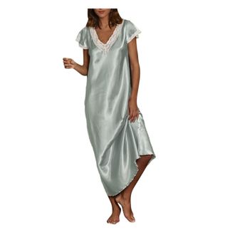 Generic Nightgown Dresses for Women Solid Nightshirt Long Sleeve Lace V Neck Loose Loungwear Sleepwear Ladies Satin Nighties Casual Maxi Dresses Lace Maternit