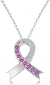 Allurez Pink Sapphire Ribbon Awareness Charm Pendant Necklace 14K White Gold (0.16ct)