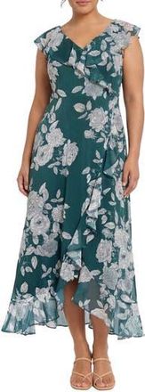 London Times Floral Ruffle Cap Sleeve Faux Wrap Maxi Dress in A Teal/White at Nordstrom Rack, Size 16W