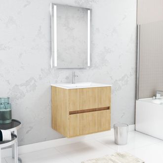 Aurlane Aurlane - Pack Mueble De Ba&ntilde;o 60cm Roble Claro 2 Cajones, Lavabo, Espejo 60x80 Con Luz Led Integrada
