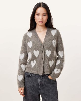 AllSaints Womens Alpaca/Wool Amora Love Heart Jacquard Brushed Cardigan, Size: L