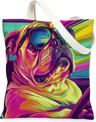 Generic Bulldog Dog Canvas Tote Bag for Shopping 13x15, Pop Aesthetic Funky Puppy Reusable Grocery Print Pattern Bag for Women, Cool Pet Beach Aesthetic Paint