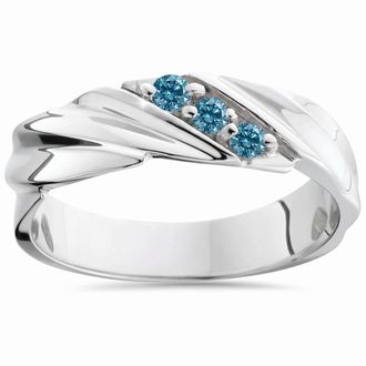 Pompeii3 1/10ct Treated Blue Diamond Mens Three Stone Wedding Ring 14K White Gold Size Selectable