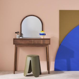 Sweeek Tocador escandinavo efecto madera con espejo redondo, 90cm, nogal