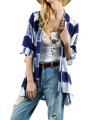 Greek Archaic Kori Tie Dye Lace Crochet Back Kimono In Blue
